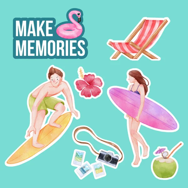 Sticker Πρότυπο Απολαύσετε Τις Καλοκαιρινές Διακοπές Έννοια Υδατογραφία Styl — Διανυσματικό Αρχείο