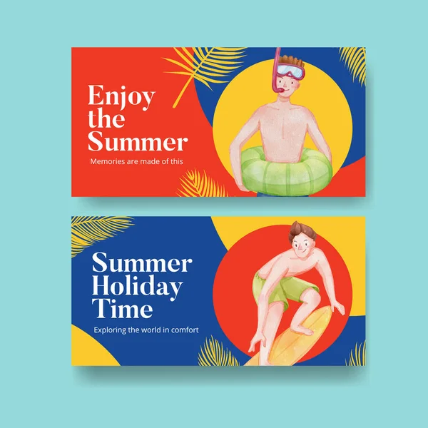 Yaz tatilinin tadını çıkaran Twitter şablonu, suluboya styl