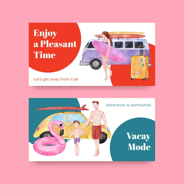 Yaz tatilinin tadını çıkaran Twitter şablonu, suluboya styl