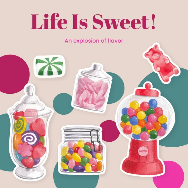 Sticker Template Candy Jelly Party Concept Watercolor Styl — 스톡 벡터