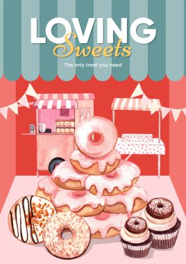 Donut partisi konseptli poster şablonu, suluboya stil
