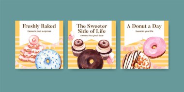 Donut partisi konsepti olan pankart şablonu, suluboya stil