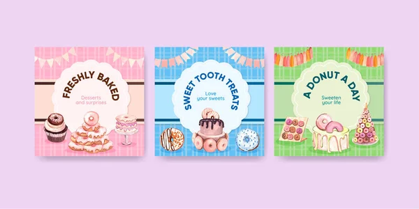 Banner Template Donut Party Concept Watercolor Styl — Vector de stock