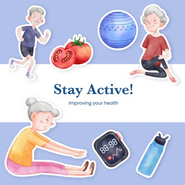 Sticker template with senior health fitness concept,watercolor styl