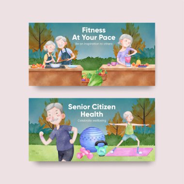 Twitter template with senior health fitness concept,watercolor styl