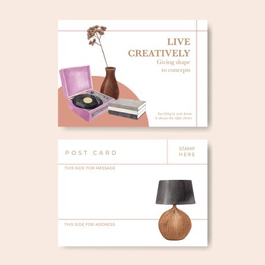 İskandinav antika ev konsepti olan bir kartpostal şablonu, suluboya stil