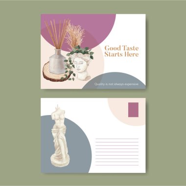 İskandinav antika ev konsepti olan bir kartpostal şablonu, suluboya stil