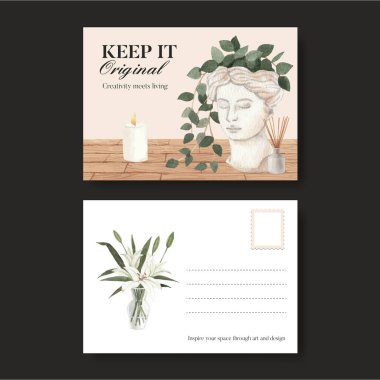 İskandinav antika ev konsepti olan bir kartpostal şablonu, suluboya stil