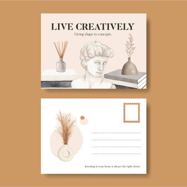 İskandinav antika ev konsepti olan bir kartpostal şablonu, suluboya stil