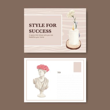 İskandinav antika ev konsepti olan bir kartpostal şablonu, suluboya stil