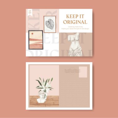 İskandinav antika ev konsepti olan bir kartpostal şablonu, suluboya stil