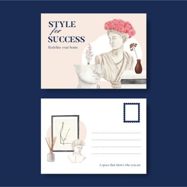 İskandinav antika ev konsepti olan bir kartpostal şablonu, suluboya stil