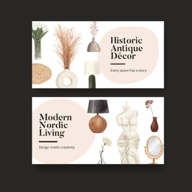 İskandinav antika ev konseptiyle Twitter şablonu, suluboya stil