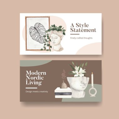 İskandinav antika ev konseptiyle Twitter şablonu, suluboya stil