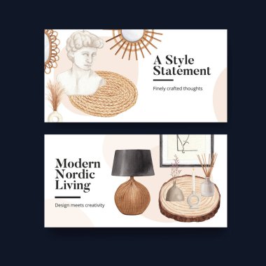 İskandinav antika ev konseptiyle Twitter şablonu, suluboya stil