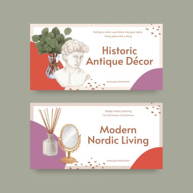 İskandinav antika ev konseptiyle Twitter şablonu, suluboya stil