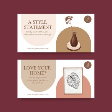 İskandinav antika ev konseptiyle Twitter şablonu, suluboya stil