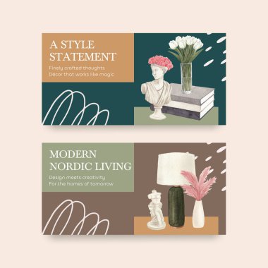 İskandinav antika ev konseptiyle Twitter şablonu, suluboya stil