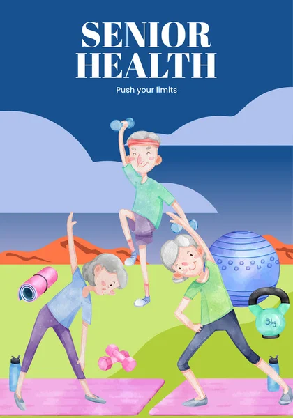Poster Template Met Senior Gezondheid Fitness Concept Aquarel Styl — Stockvector