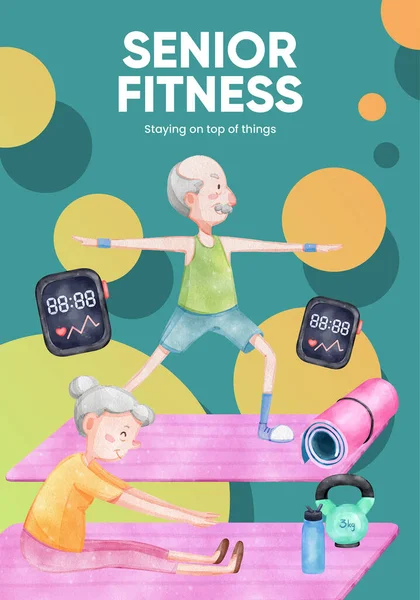 Poster Template Met Senior Gezondheid Fitness Concept Aquarel Styl — Stockvector