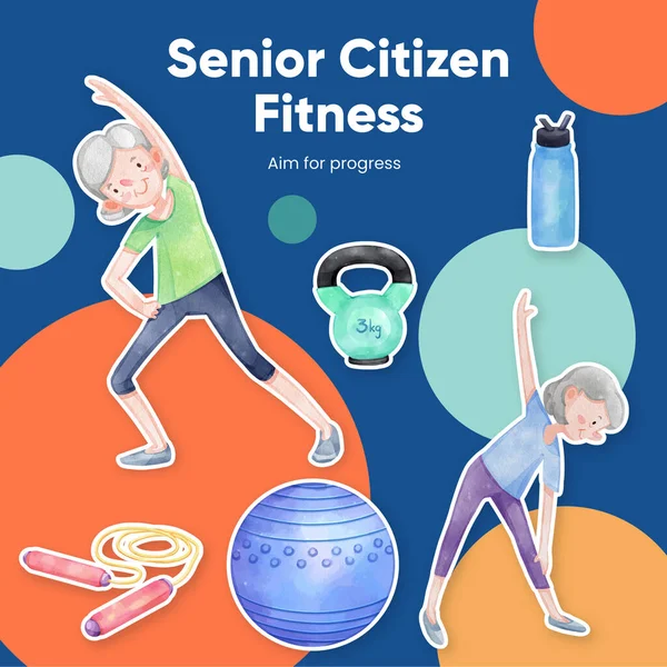 Sticker Template Senior Health Fitness Concept Watercolor Styl — Wektor stockowy