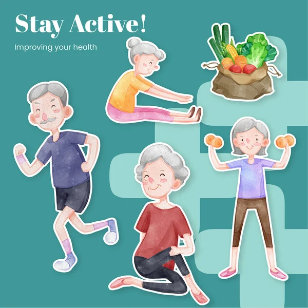 Sticker Template Senior Health Fitness Concept Watercolor Styl — Stockvektor