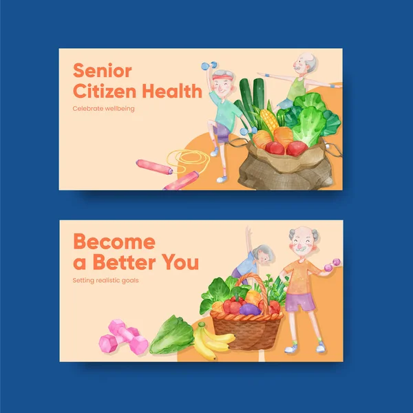 Twitter Template Senior Health Fitness Concept Watercolor Styl — Wektor stockowy