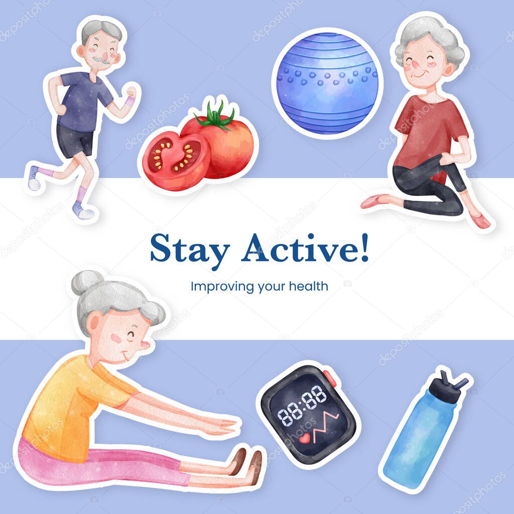 Sticker template with senior health fitness concept,watercolor styl