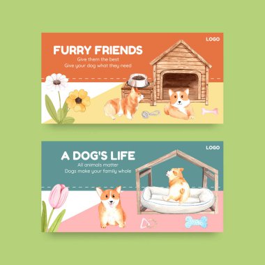 Corgi dog konsepti ile Twitter şablonu, suluboya styl
