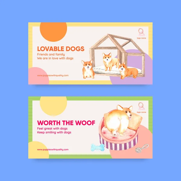Twitter Template Corgi Dog Concept Watercolor Styl — Stockvector