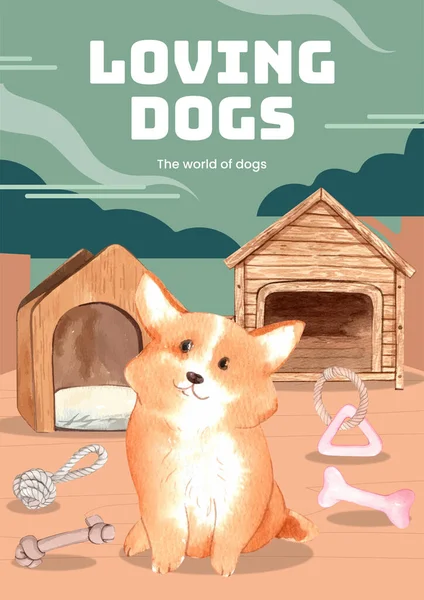 Poster Template Corgi Dog Concept Watercolor Styl —  Vetores de Stock