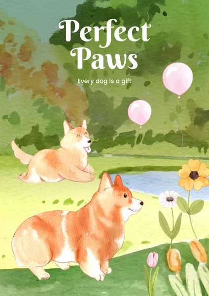 Poster Template Corgi Dog Concept Watercolor Styl —  Vetores de Stock