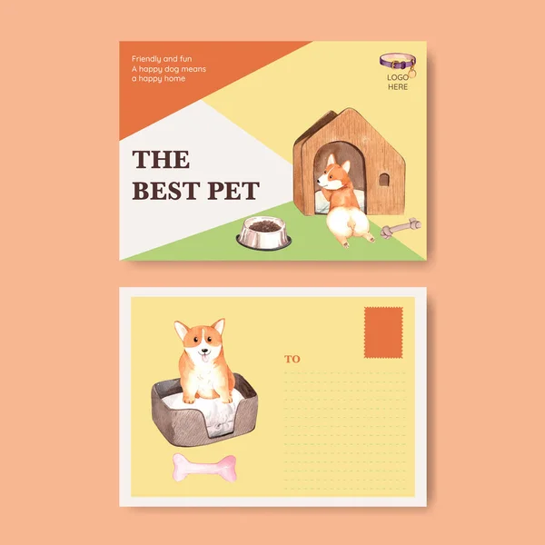 Postcard Template Corgi Dog Concept Watercolor Styl — Stockvektor