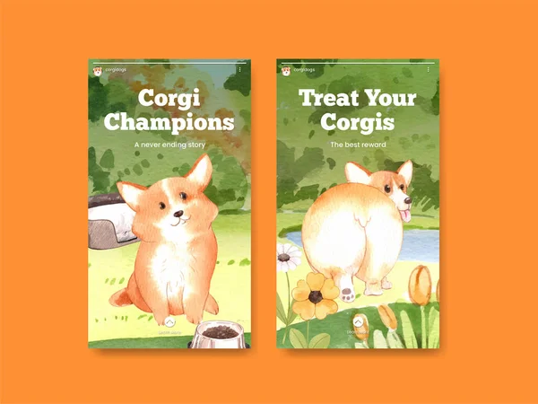 带有Corgi狗概念 水色样式的Instagram模板 — 图库矢量图片