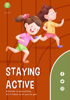 Amerikan spor çocukları konseptiyle poster şablonu, suluboya stil