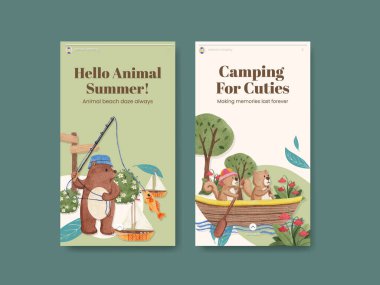 Instagram şablonu ile hayvan kampı yaz konsepti, suluboya stil