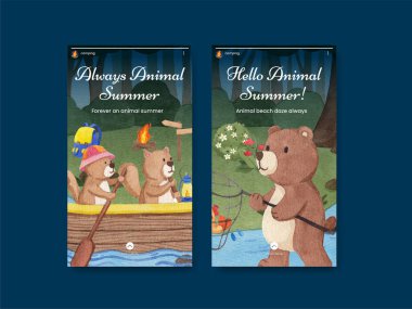 Instagram şablonu ile hayvan kampı yaz konsepti, suluboya stil