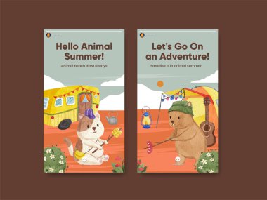 Instagram şablonu ile hayvan kampı yaz konsepti, suluboya stil