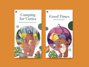 Instagram şablonu ile hayvan kampı yaz konsepti, suluboya stil