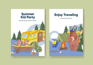 Hayvan kampı yaz konsepti, suluboya stil ile davet edilmiş kart şablonu