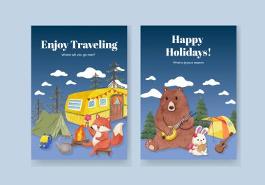 Hayvan kampı yaz konsepti, suluboya stil ile davet edilmiş kart şablonu