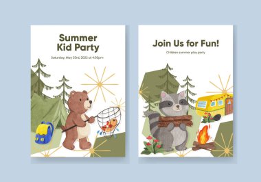 Hayvan kampı yaz konsepti, suluboya stil ile davet edilmiş kart şablonu