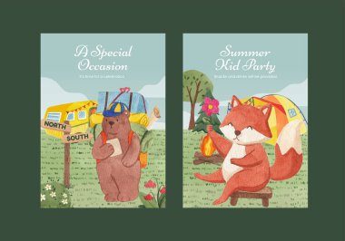 Hayvan kampı yaz konsepti, suluboya stil ile davet edilmiş kart şablonu