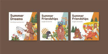 Hayvan kampı yaz konsepti, suluboya stil banner şablonu