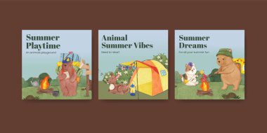 Hayvan kampı yaz konsepti, suluboya stil banner şablonu