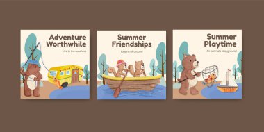 Hayvan kampı yaz konsepti, suluboya stil banner şablonu