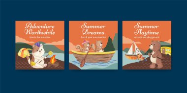 Hayvan kampı yaz konsepti, suluboya stil banner şablonu