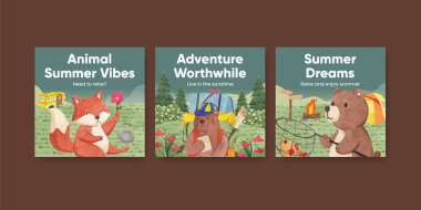 Hayvan kampı yaz konsepti, suluboya stil banner şablonu