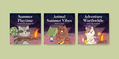 Hayvan kampı yaz konsepti, suluboya stil banner şablonu