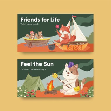 Hayvan kampı yaz konsepti, suluboya stil ile tweet şablonu